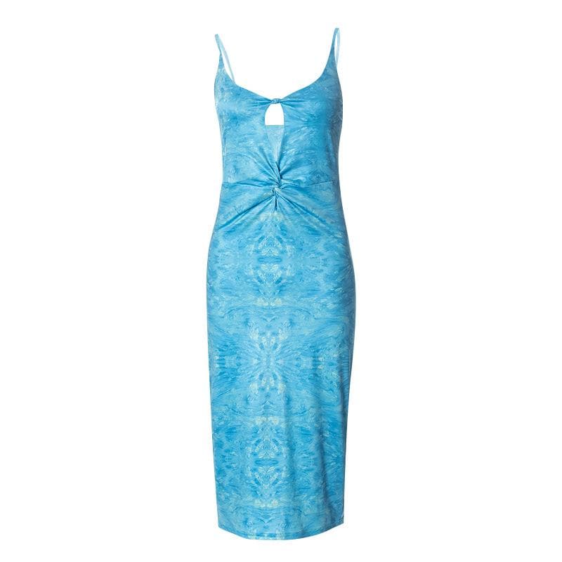 Deep V-Neck Keyhole Twist Front Marble Print Satin Maxi Dress 2