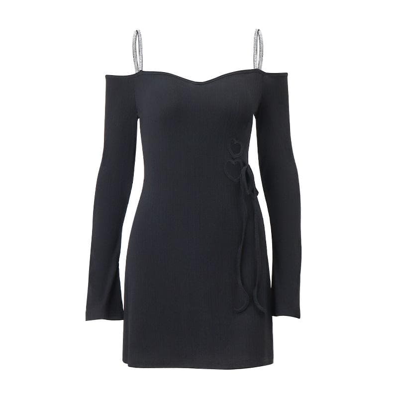 Ribbed Knit Off Shoulder Heart Cutout Lace Up Long Sleeve Mini Dress 2