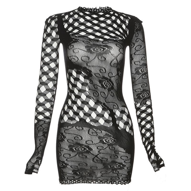 Crew Neck Long Sleeve Floral Lace Fishnet Panel Bodycon Mini Dress 10