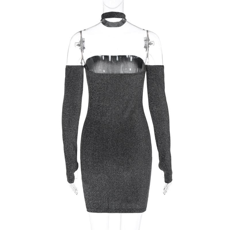 Strapless Glitter Tube Detached Sleeve Thumbhole Choker Mini Dress Set 4