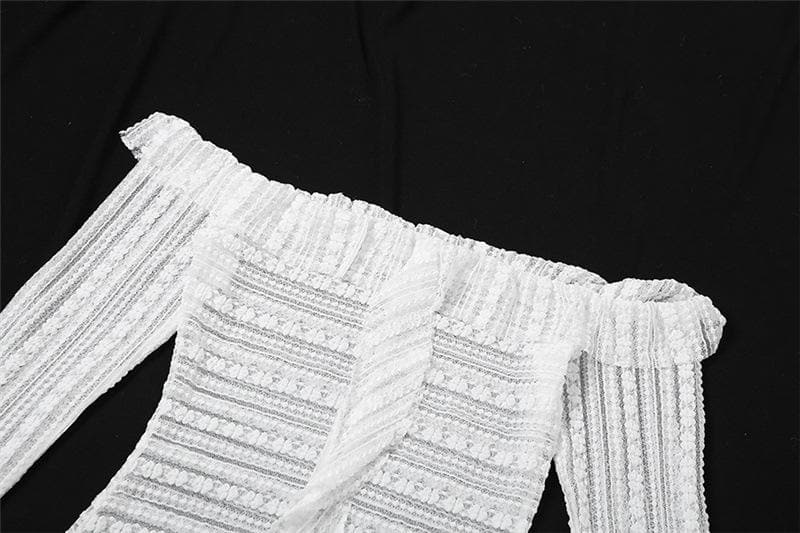 Off-Shoulder Sheer Lace Stripe Ruffle Trim Center Ruffle Long Sleeve Mini Dress 5