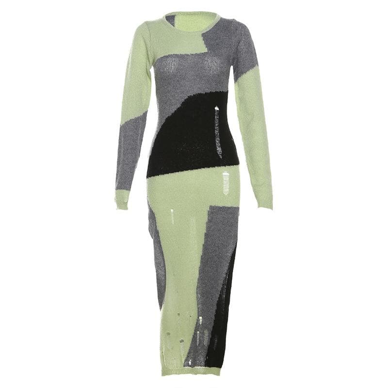 Hollow Out Crochet Long Sleeve Contrast Slit Midi Dress