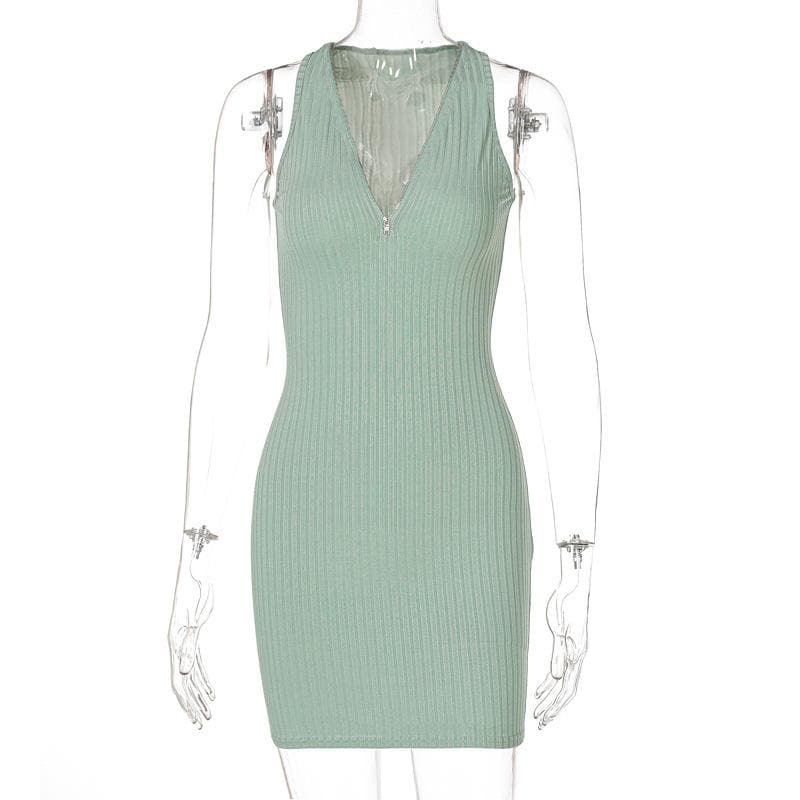 Ribbed Zip Front Deep V Halter Neck Bodycon Mini Dress 8