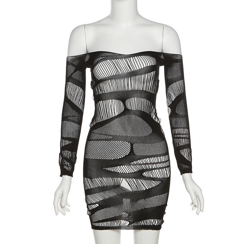 Off Shoulder Sheer Mesh See Through Long Sleeve Backless Mini Dress