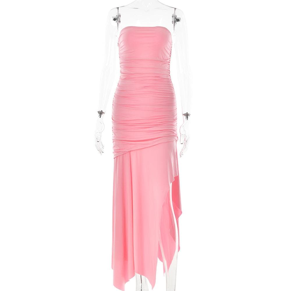 Strapless Ruched Waist High Slit Bodycon Maxi Dress 3