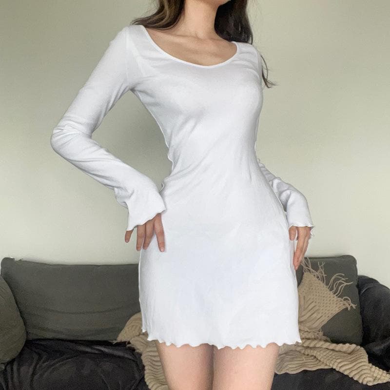 Rib Knit Scoop Neck Long Sleeve Lettuce Hem Ruffle Mini Dress 3