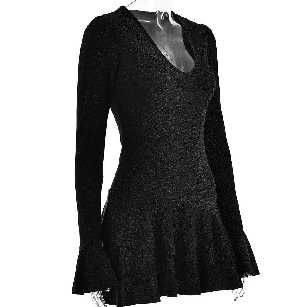 Glitter Deep V Bell Sleeve Tiered Ruffle Hem Mini Dress 4
