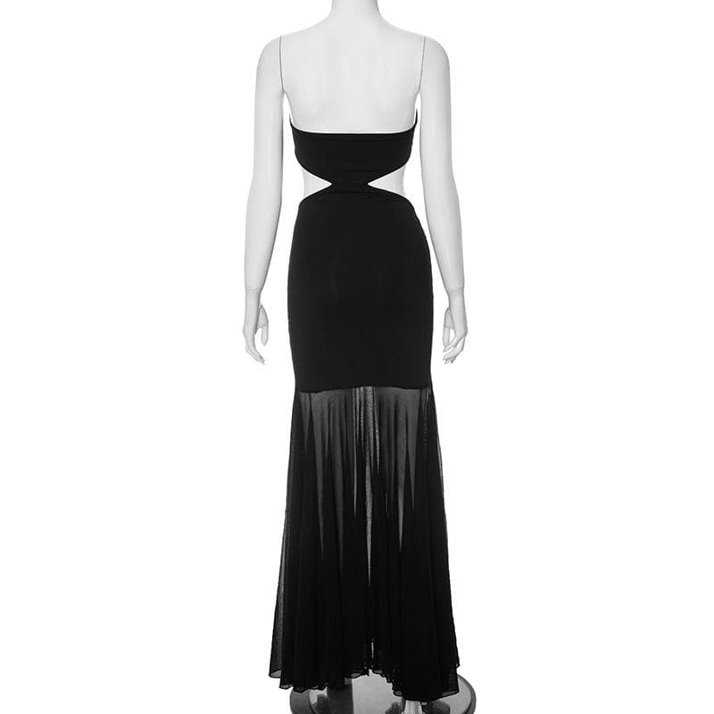 Strapless Ruched Bow Waist Cutout Sheer Tiered Maxi Dress 3