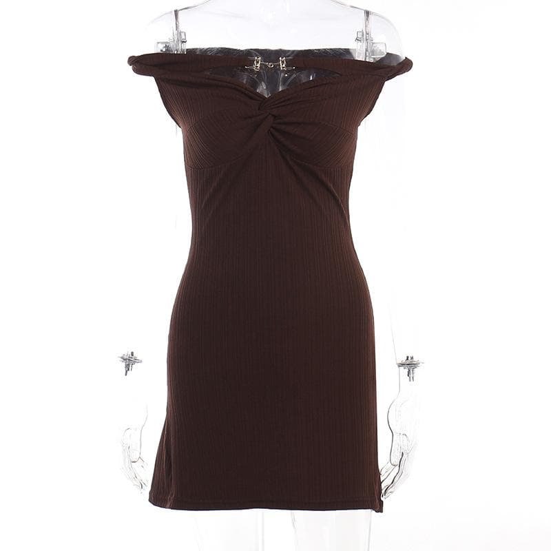 Off Shoulder Rib Knit Twist Knot Hardware Detail Bodycon Mini Dress 4