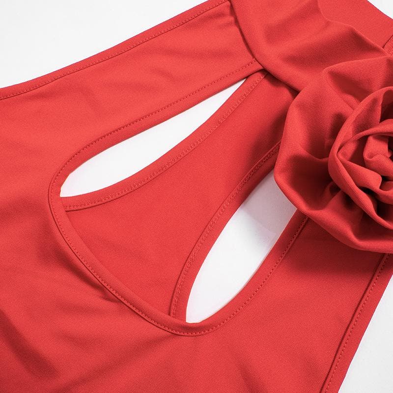 Halter Keyhole Neck Rosette Applique Cascading Ruffle Side Mini Dress 6