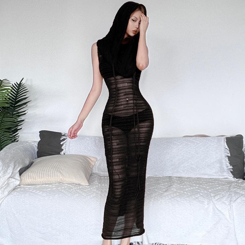 Hooded Sheer Mesh Ribbed Knit Scarf Neck Sleeveless Maxi Dress 4