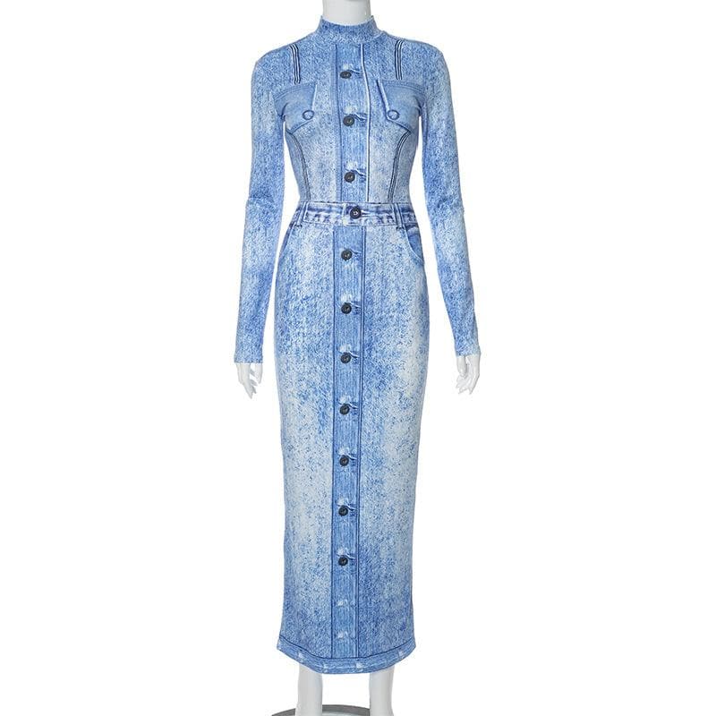 Mock Neck Faux Denim Acid Wash Print Long Sleeve Bodycon Maxi Dress 8