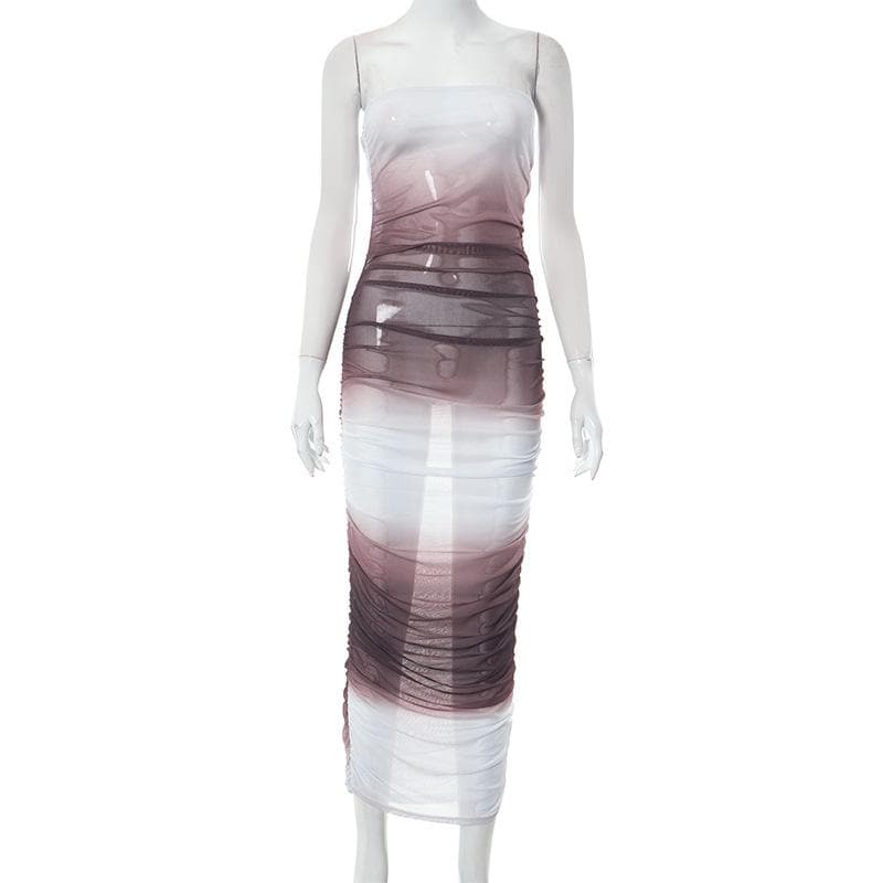 Gradient Mesh Ruched Strapless Tube Bodycon Maxi Dress 8