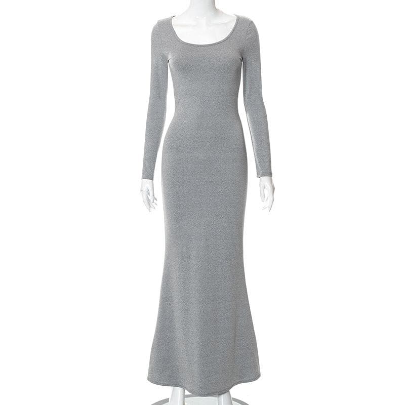 Scoop Neck Long Sleeve Mermaid Hem Knit Bodycon Maxi Dress 3