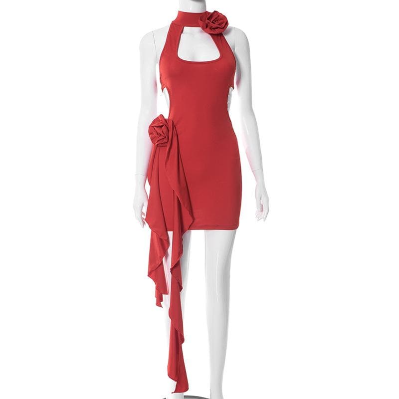 Halter Keyhole Neck Rosette Applique Cascading Ruffle Side Mini Dress 8