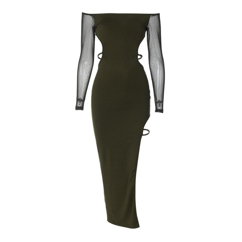 Off Shoulder Long Sleeve Mesh Waist Cutout High Slit Bodycon Maxi Dress