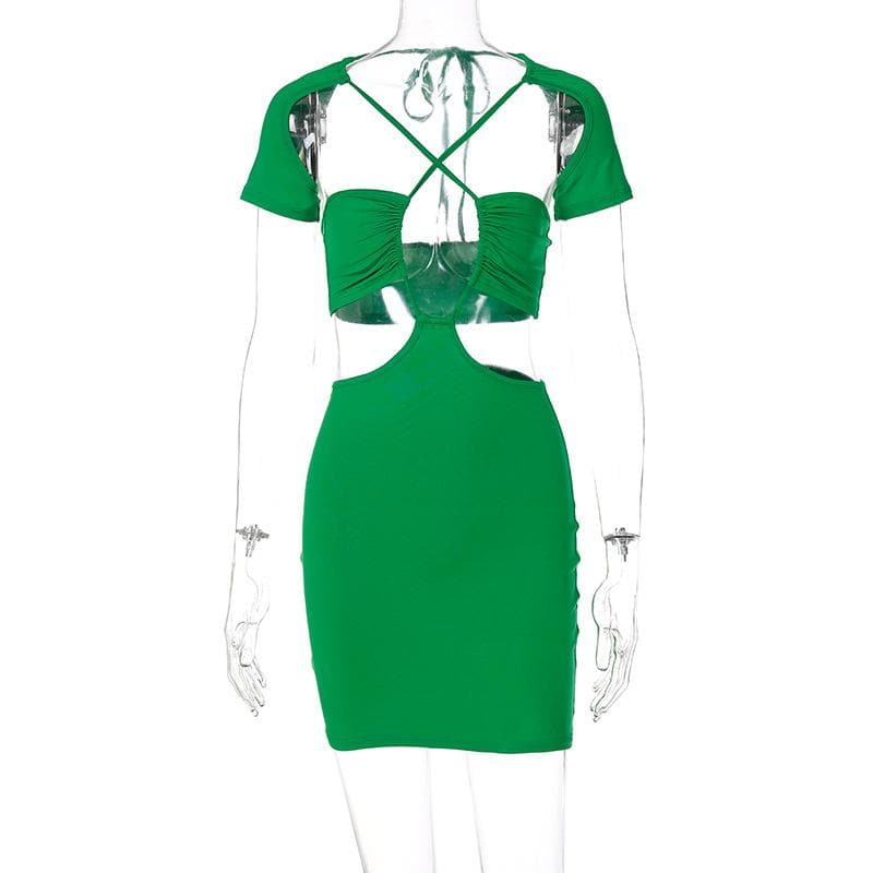 Ruched Bust Crisscross Halter Cutout Waist Flared Sleeve Bodycon Mini Dress 2