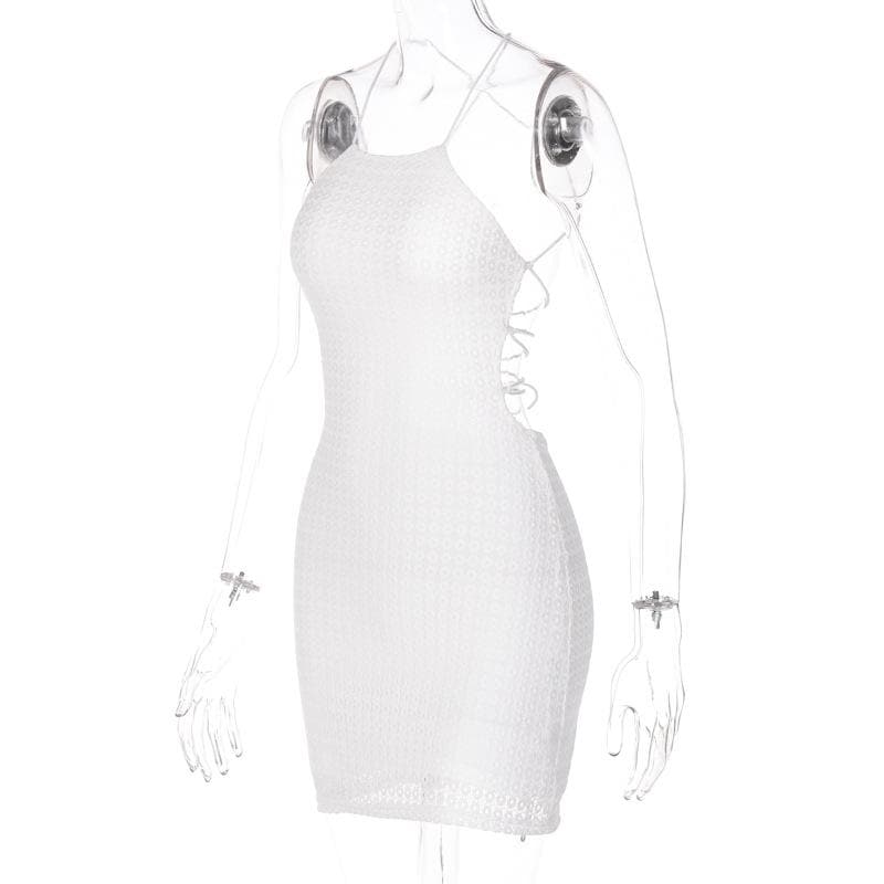 Textured Eyelet Cross Back Lace Up Backless Mini Dress 3