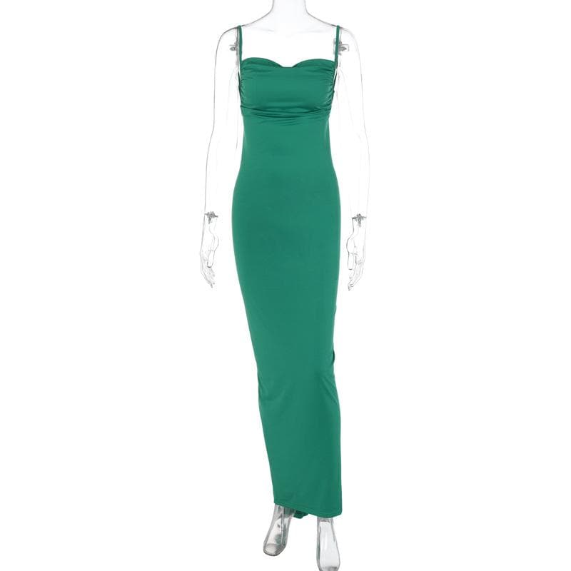 Spaghetti Strap Plunging Backless Ruched Bodycon Maxi Dress 4