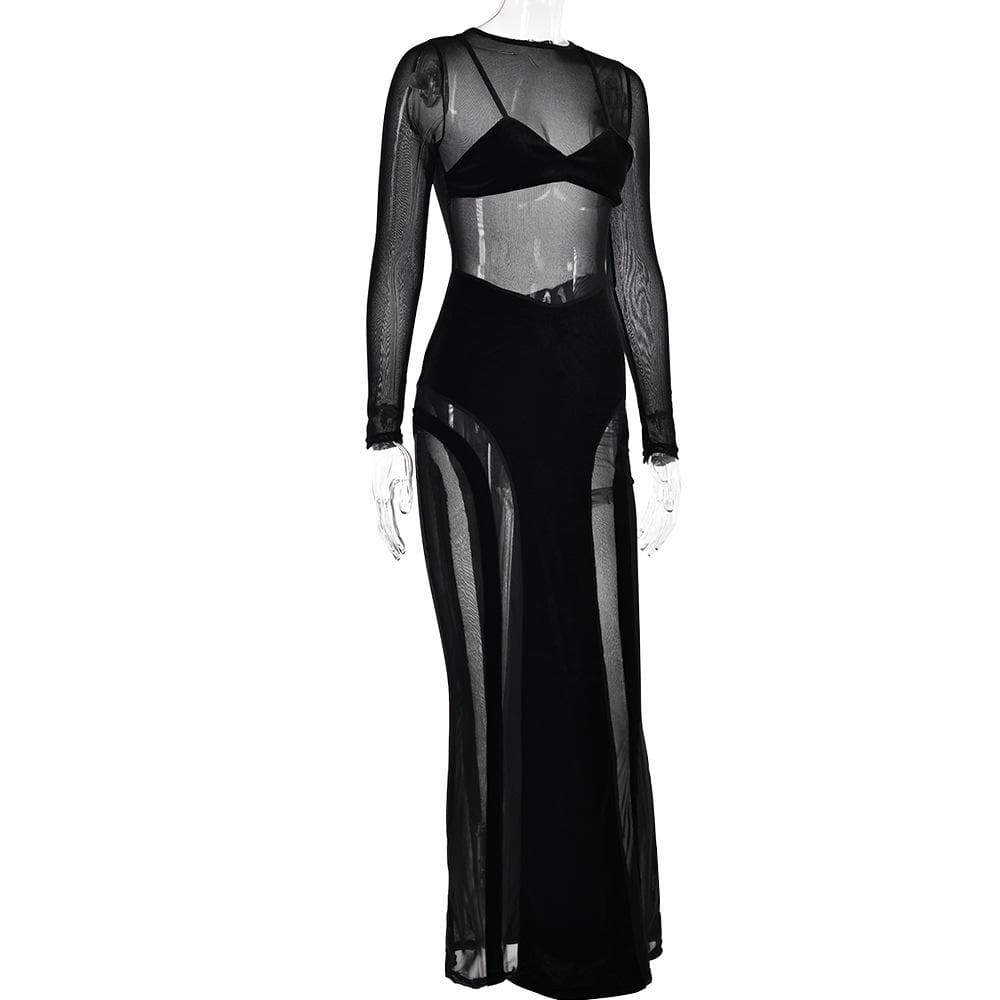 Mesh Patchwork Velvet Paneled Long Sleeve Maxi Dress 4