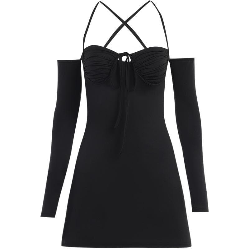 Sweetheart Tie Front Cold Shoulder Long Sleeve A-Line Mini Dress 2