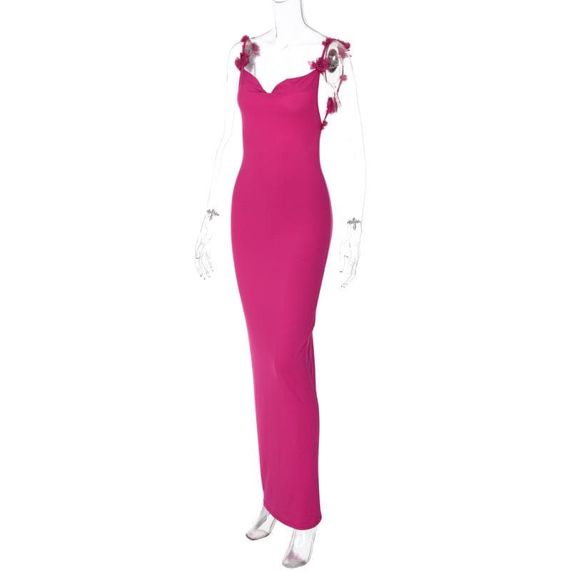 Spaghetti Strap Rosette Applique Open Back Bodycon Maxi Dress 4