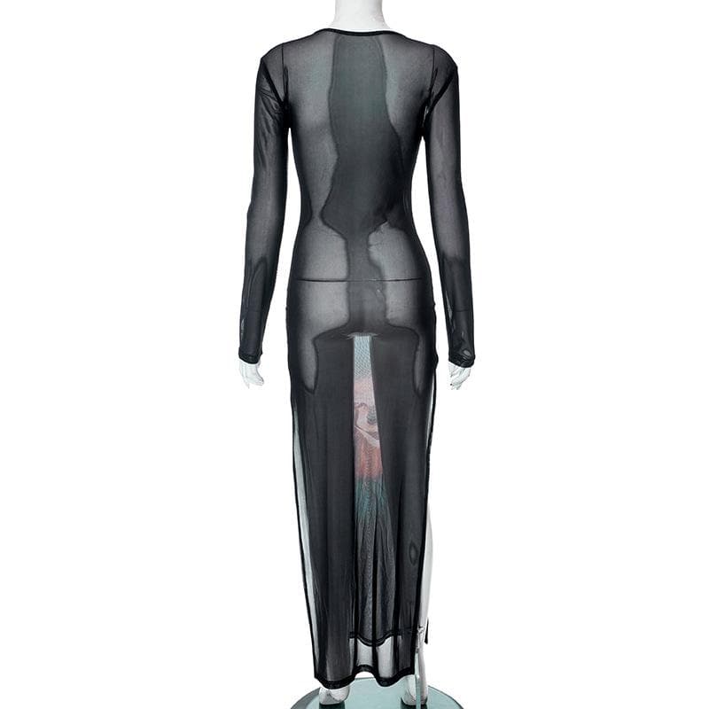 Pennywise Clown Graphic Print Sheer Mesh Long Sleeve Crew Neck Maxi Dress 4