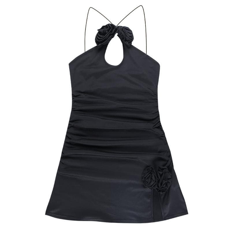 Halter Flower Applique Keyhole Ruched Side Slit Mini Dress 2