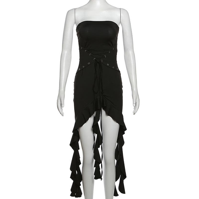 Strapless Lace Up Grommet Corset Ruffle High Low Hem Mini Dress 9