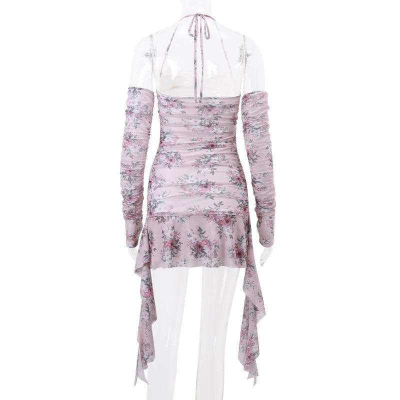 Halter Floral Print Lace Trim Midriff Cutout Ruffle Hem Mini Dress and Lace Arm Sleeves Set 4