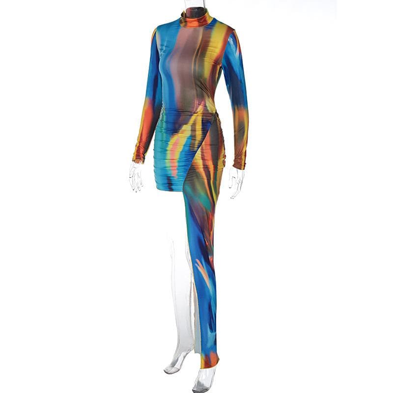 Mock Neck Long Sleeve Aurora Print Ruched Asymmetric Maxi Dress 7