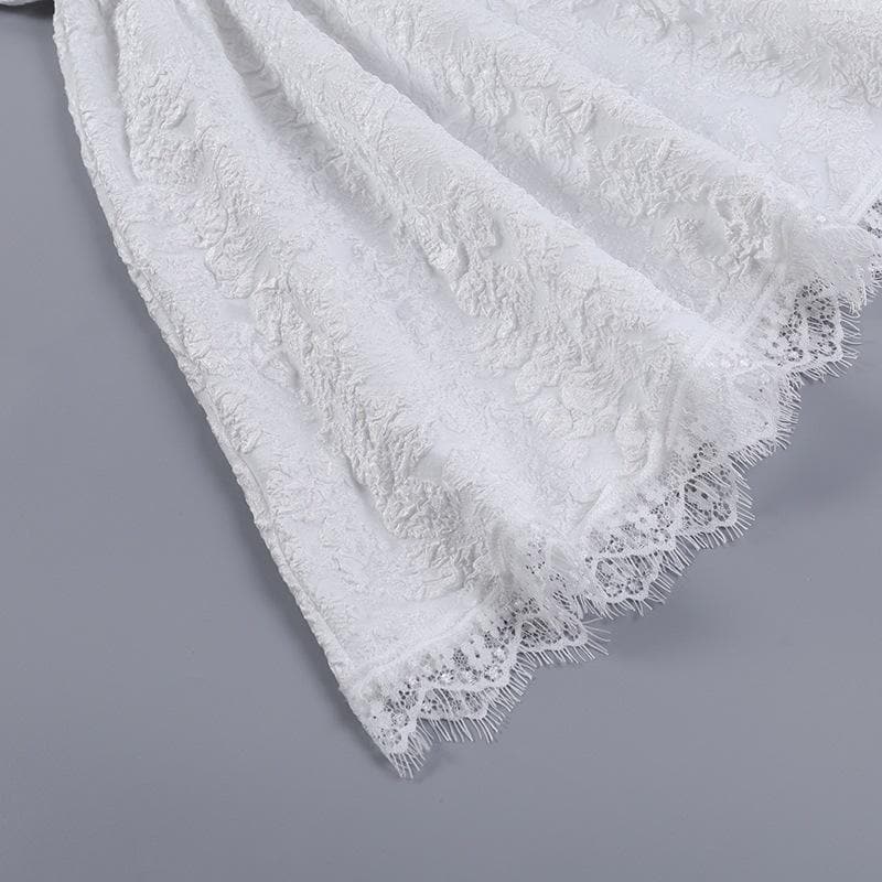 Hollow Out Off Shoulder Short Sleeve Crucifix Applique Bowknot Lace Hem Mini Dress 6