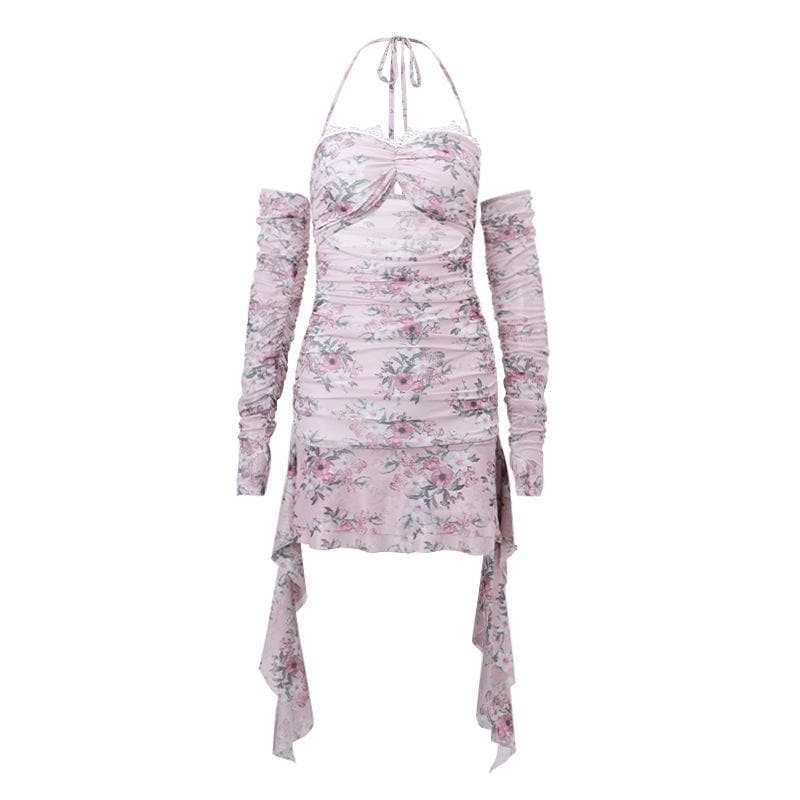 Halter Floral Print Lace Trim Midriff Cutout Ruffle Hem Mini Dress and Lace Arm Sleeves Set 2