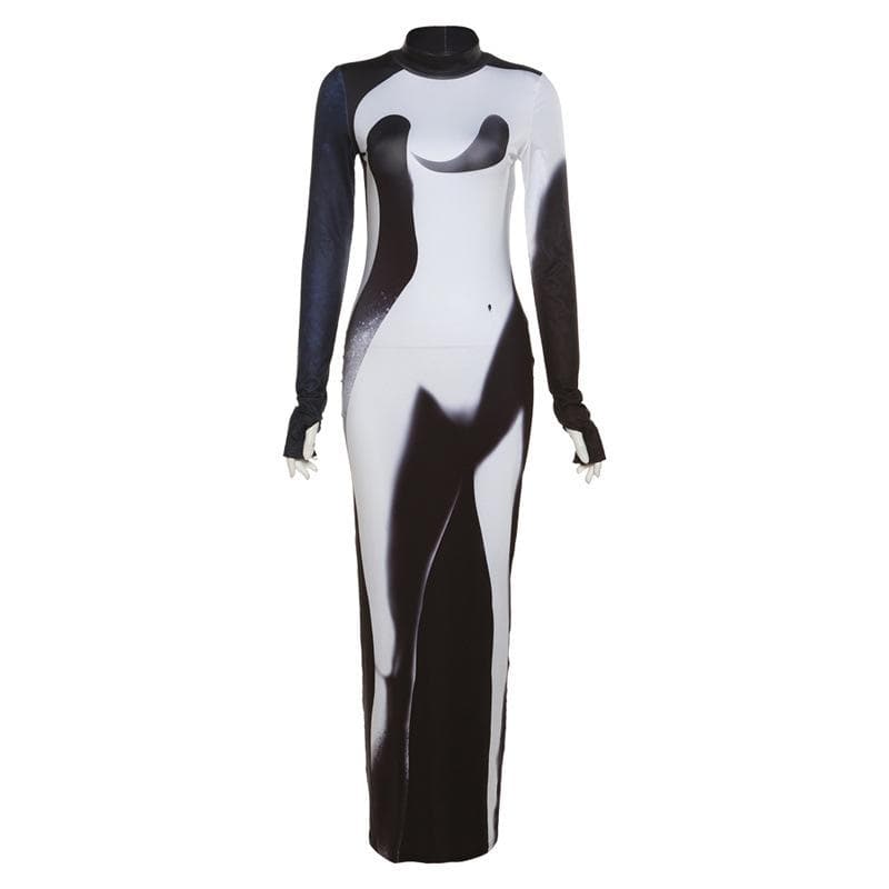 Mock Neck Long Sleeve Shadow Illusion Thumbhole Bodycon Maxi Dress 3