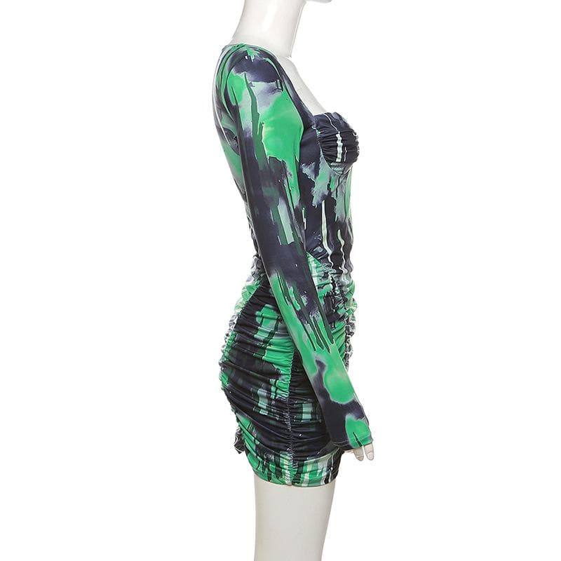 Abstract Print Long Sleeve Square Neck Sweetheart Ruched Bodycon Mini Dress 3