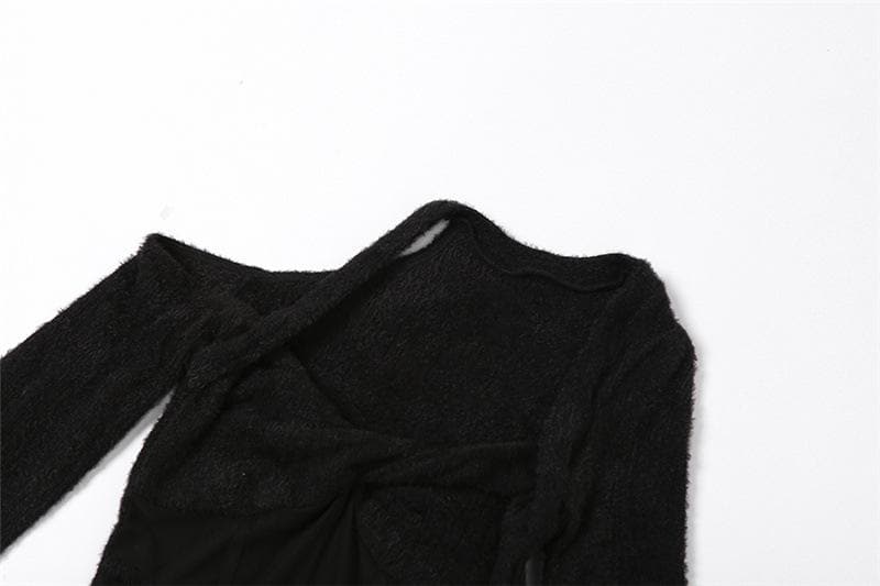 Fuzzy Cold Shoulder Corset Mesh Panel Bell Sleeve Mini Dress 4