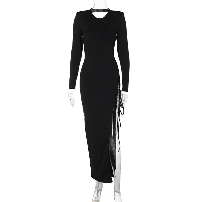 High Neck Chest Cutout Lace Up Side Slit Bodycon Maxi Dress 2