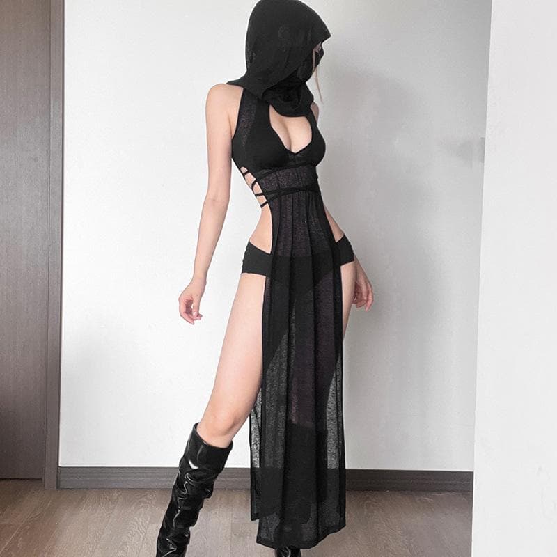 Sleeveless Hooded Mask Keyhole Cutout Sheer Panel Maxi Dress 9