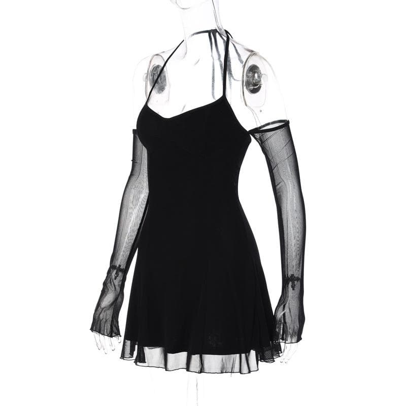 Halter Sweetheart Neck Mesh Long Sleeve Off Shoulder Ruched Ruffle Hem Mini Dress 7