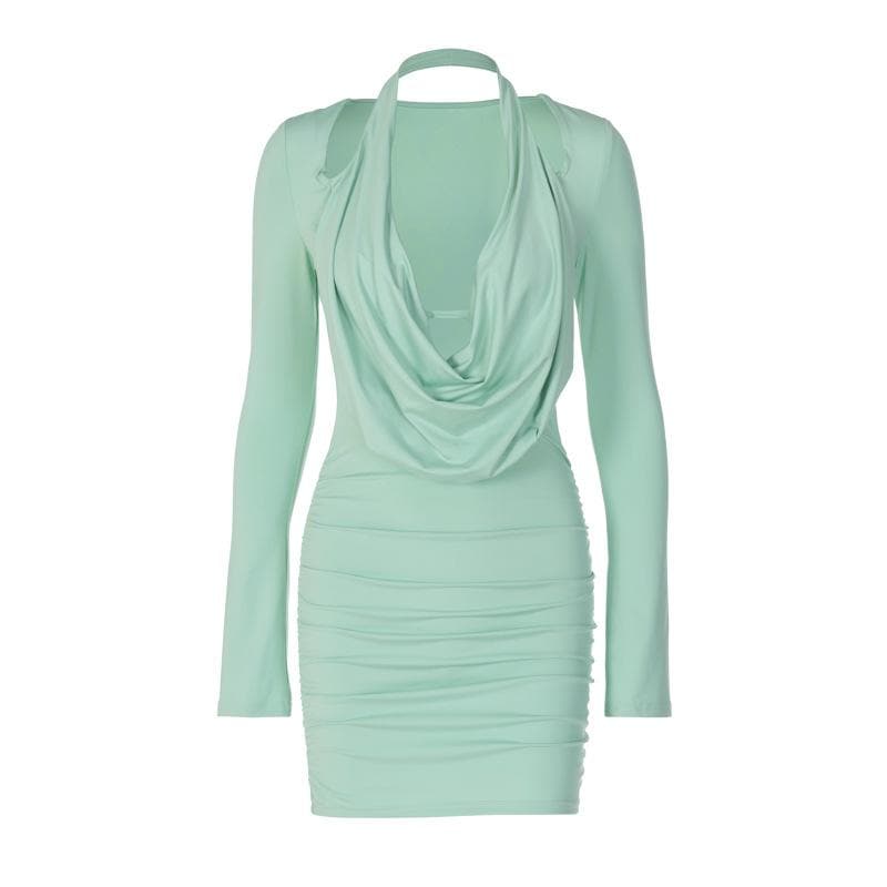 Cowl Neck Halter Shoulder Cutout Ruched Long Sleeve Mini Dress 2