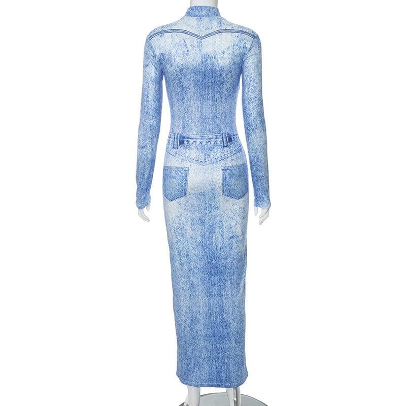 Mock Neck Faux Denim Acid Wash Print Long Sleeve Bodycon Maxi Dress 4