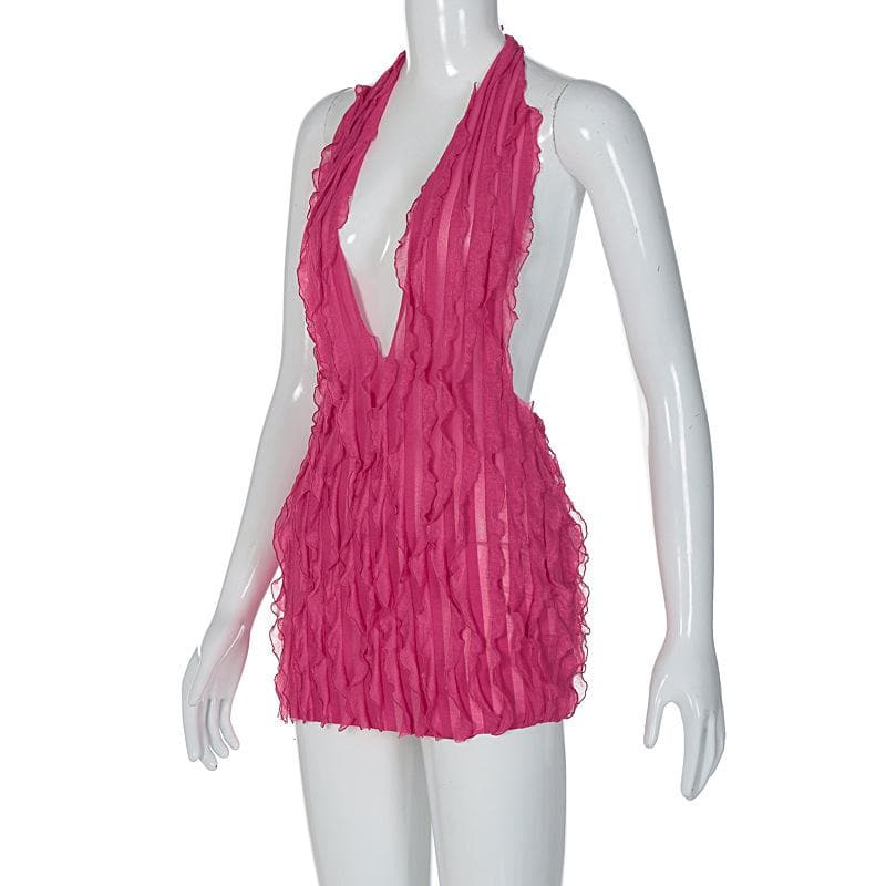 Halter Deep Plunge Vertical Ruffle Fringe Bodycon Mini Dress 3