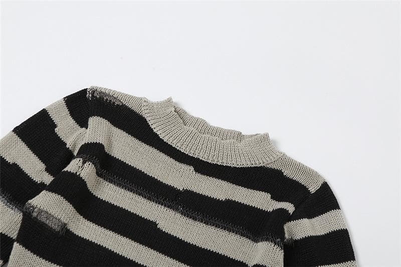Crew Neck Distressed Open Knit Glitch Stripe Rib Knit Mini Dress 10