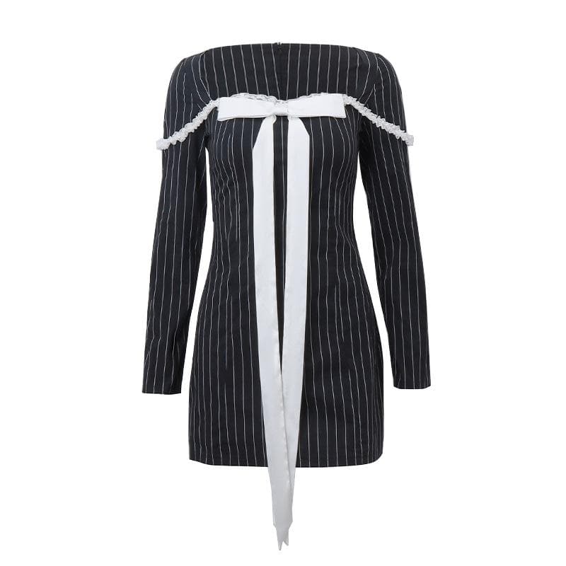 Square Neck Pinstripe Lace Trim Oversized Bow Long Sleeve Mini Dress 2