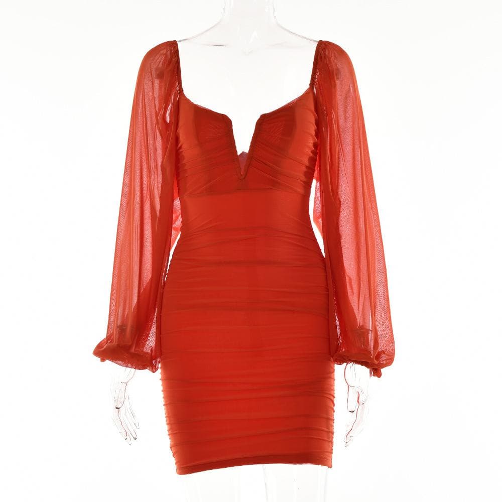 Strapless V-Notch Off Shoulder Puff Sleeve Ruched Mesh Mini Dress 13