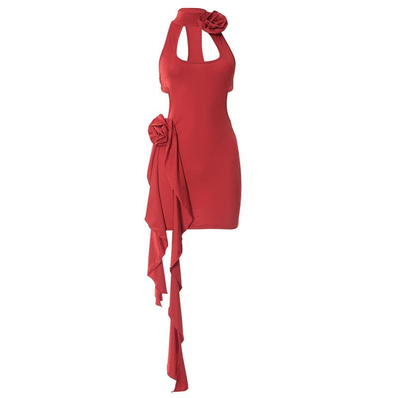 Halter Keyhole Neck Rosette Applique Cascading Ruffle Side Mini Dress 2