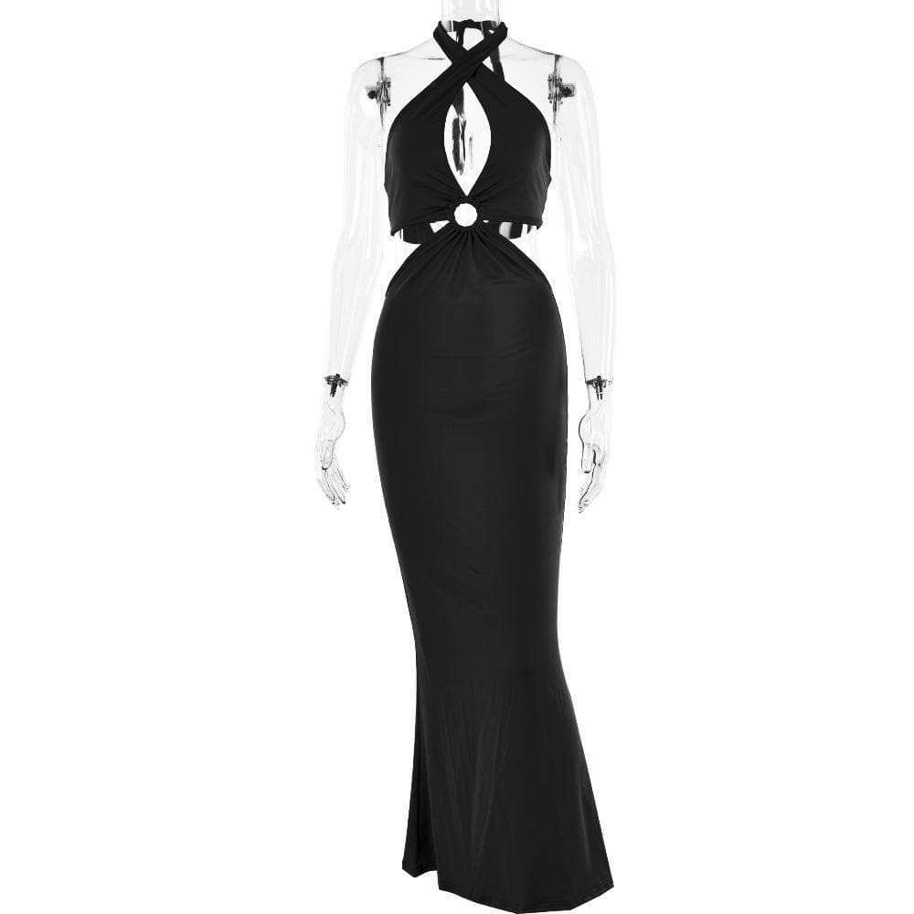 Cross Front Halter O-Ring Cutout Backless Self-Tie Maxi Dress 3