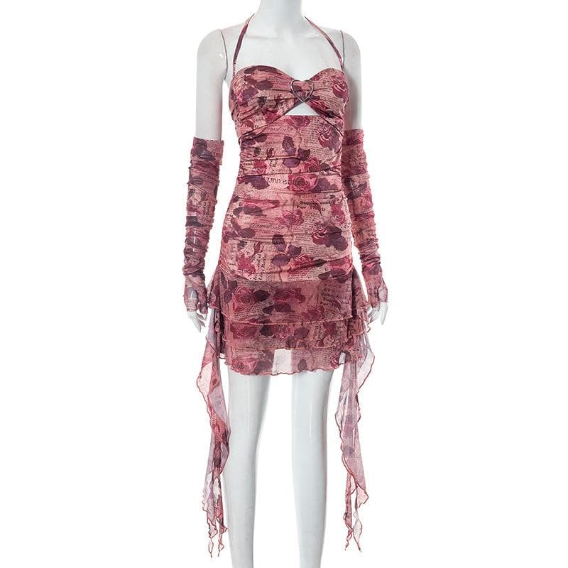 Newspaper Floral Print Halter Heart Buckle Cutout Ruched Ruffle Mini Dress 3