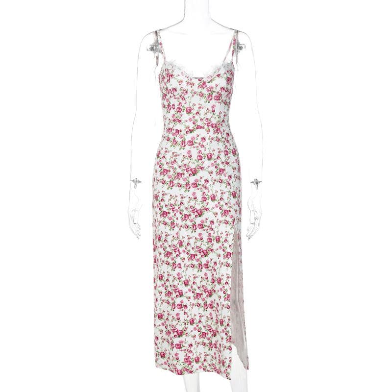 Sweetheart Neck Lace Trim Floral Print Side Slit Bodycon Midi Dress 3