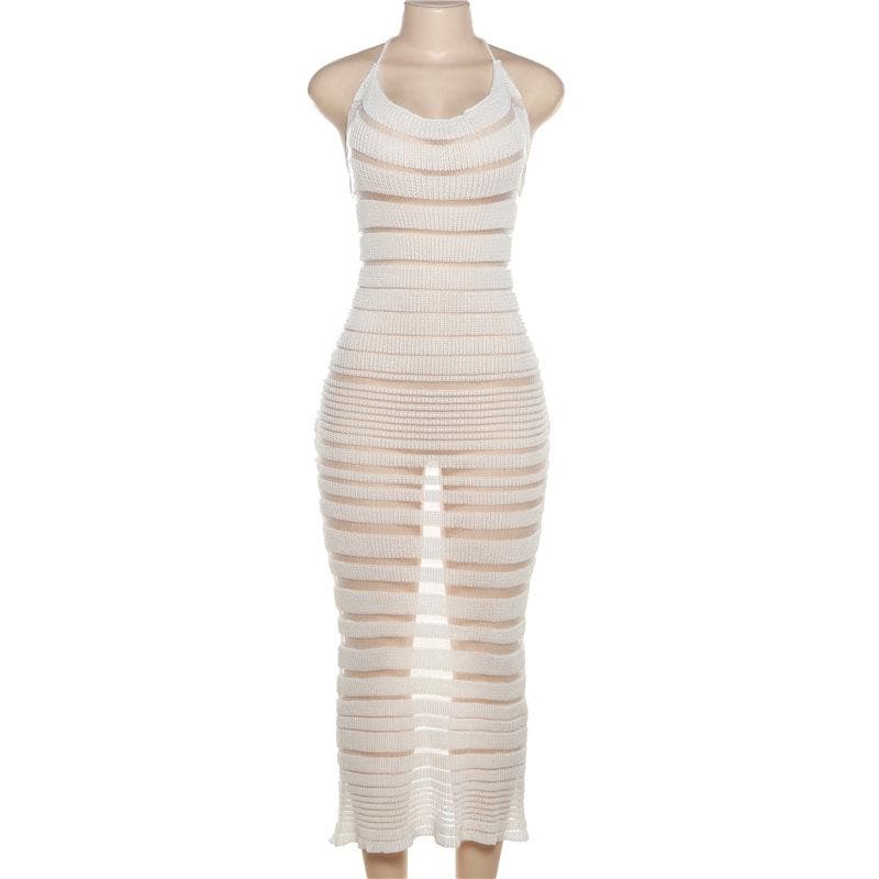 Halter Tie Neck Sheer Stripe Crochet Knit Bodycon Maxi Dress 2
